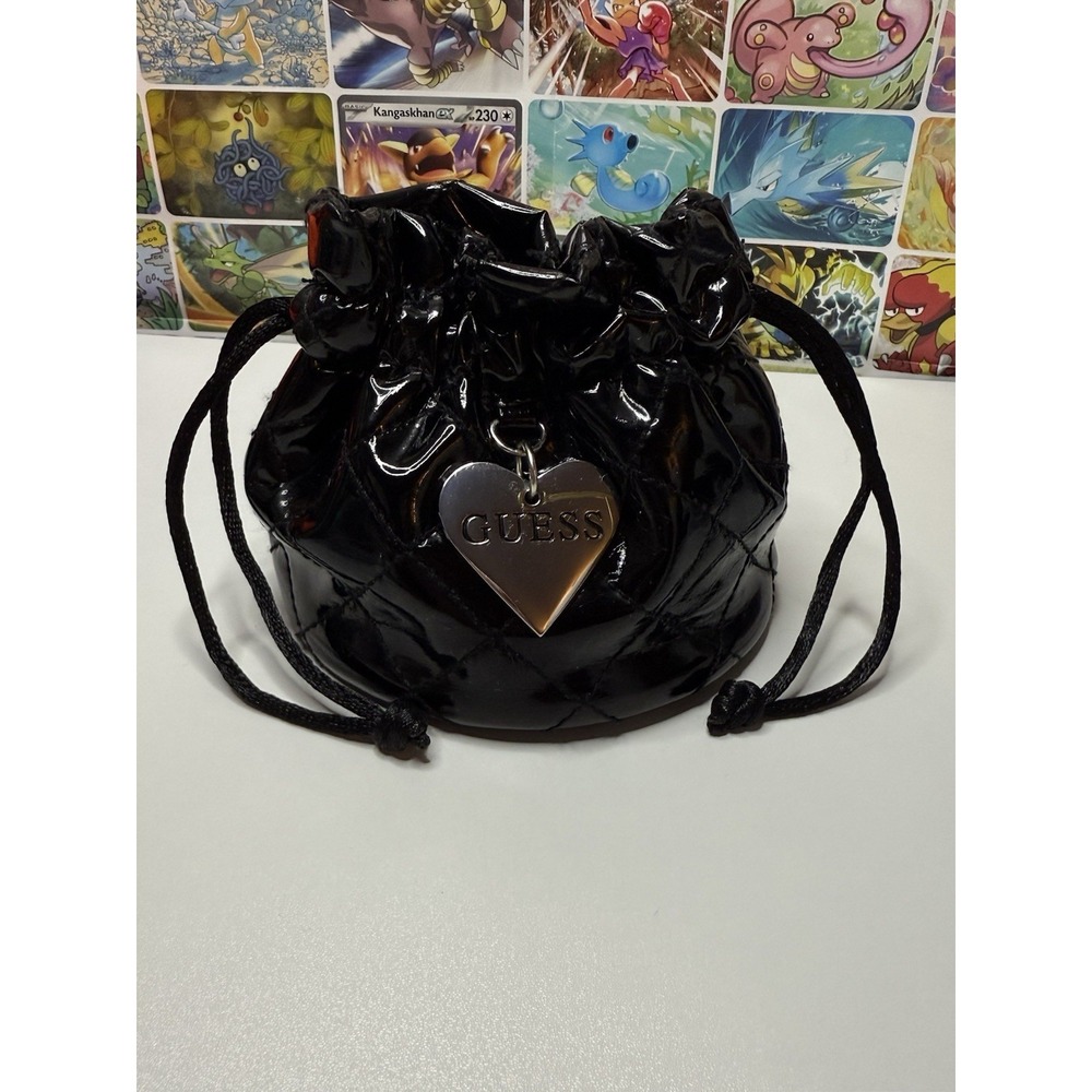 GUESS Black Patent Drawstring Watch Pouch Bag Heart Charm Quilted‎